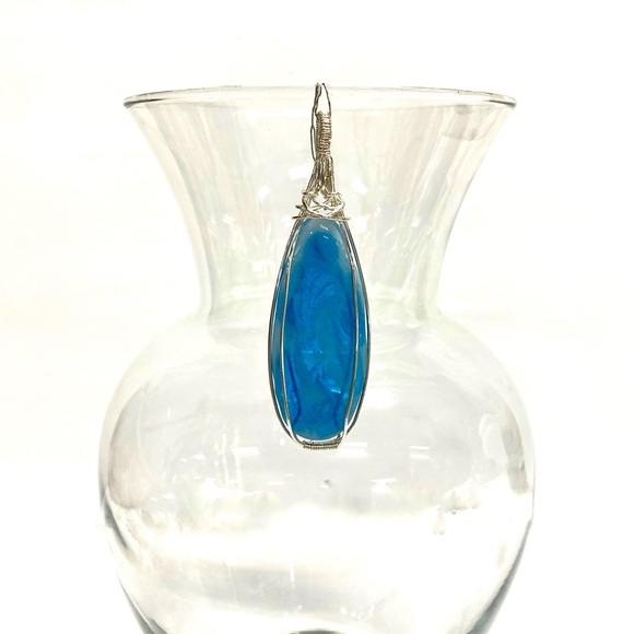 HANDMADE Resin Art “Faux Larimar” Wire Wrapped Statement Pendant - Picture 6 of 10